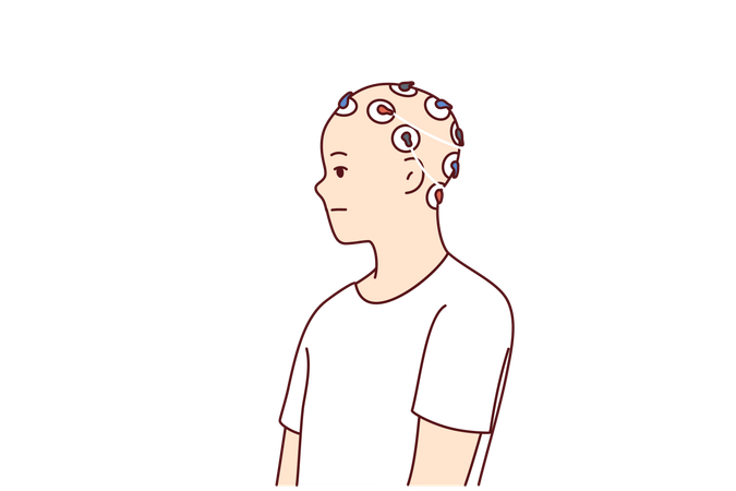 Hombre tiene electrodos conectados a la cabeza para estudiar la actividad cerebral  Ilustración