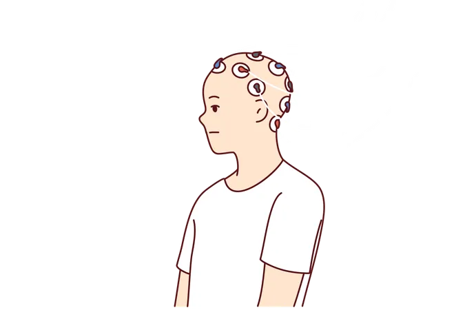 Hombre tiene electrodos conectados a la cabeza para estudiar la actividad cerebral  Ilustración