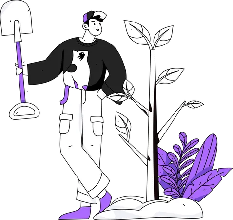 Hombre trabaja voluntariamente para salvar plantas  Illustration