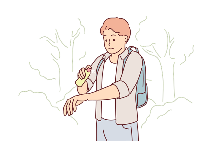 El hombre usa spray antimosquitos mientras camina por el bosque o el parque natural en verano  Ilustración