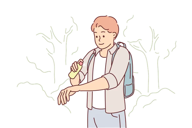 El hombre usa spray antimosquitos mientras camina por el bosque o el parque natural en verano  Ilustración