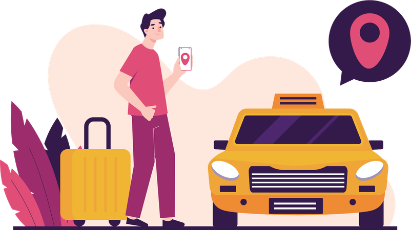 El hombre utiliza el servicio de taxi.  Ilustración