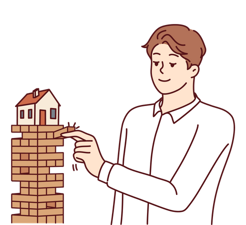 El joven está jugando al juego jenga.  Ilustración
