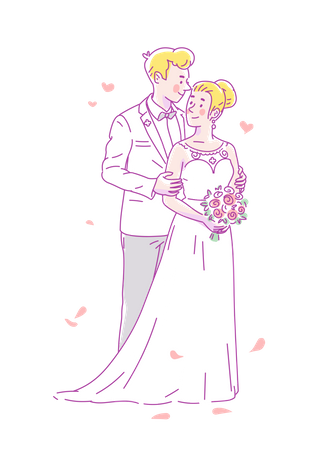 El joven novio vestido de blanco y la novia vestida de novia y flores se casan  Ilustración