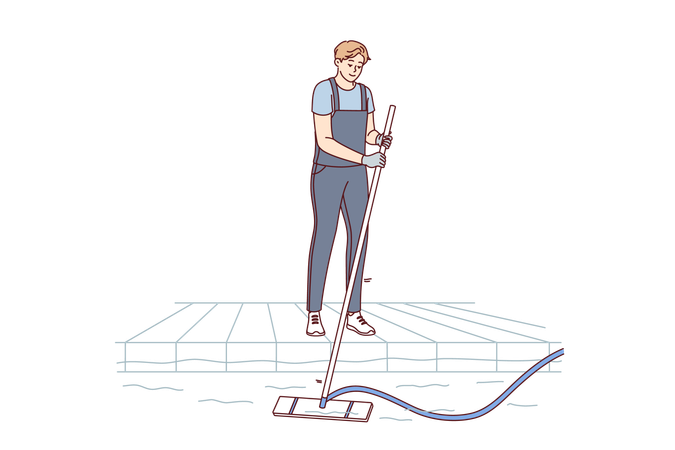 Un limpiador de piscinas utiliza una aspiradora eléctrica con manguera para succionar las algas y los residuos del fondo  Ilustración