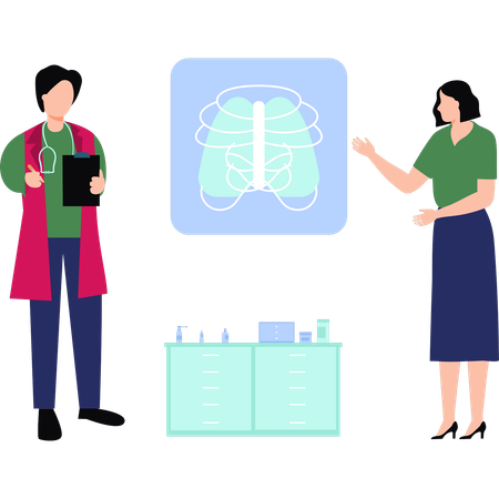 El médico está explicando sobre la radiografía de las costillas.  Ilustración