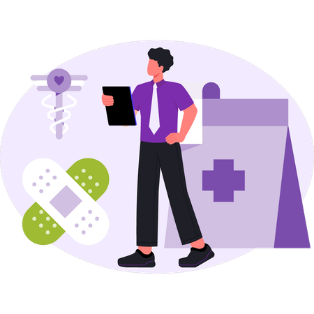 El médico está señalando un vendaje sanitario.  Ilustración