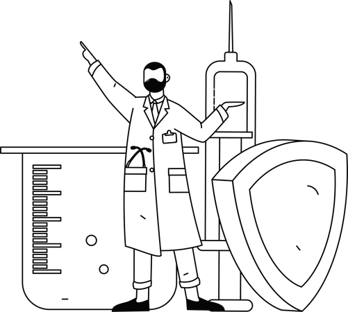 El médico inspecciona cada sustancia química mientras experimenta.  Ilustración