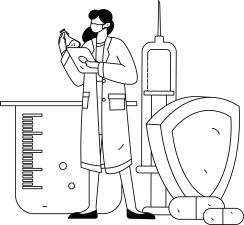El médico inspecciona cada sustancia química mientras experimenta.  Ilustración