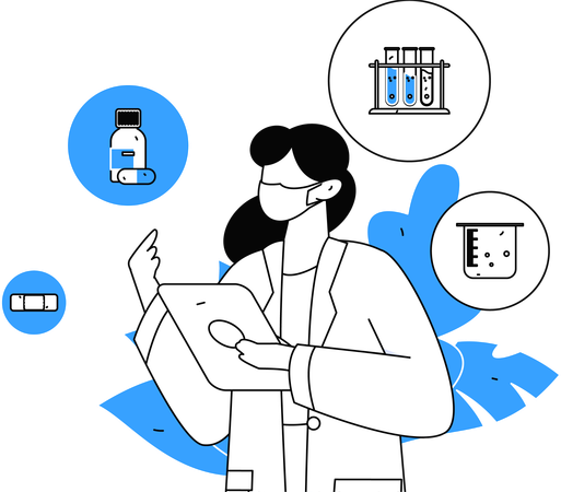 El médico registra el historial del paciente en una tableta para recetar medicamentos correctamente  Ilustración