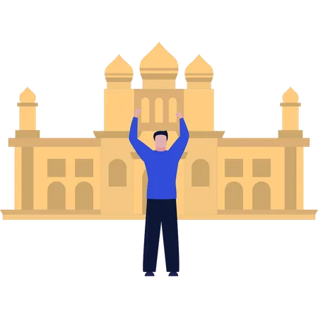 El niño arquitecto está parado frente a la mezquita.  Ilustración
