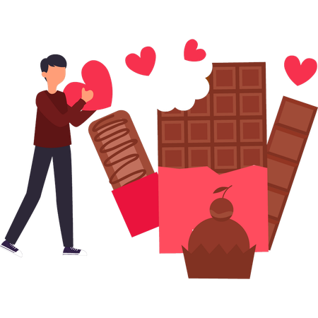 El niño está comiendo barra de chocolate.  Ilustración