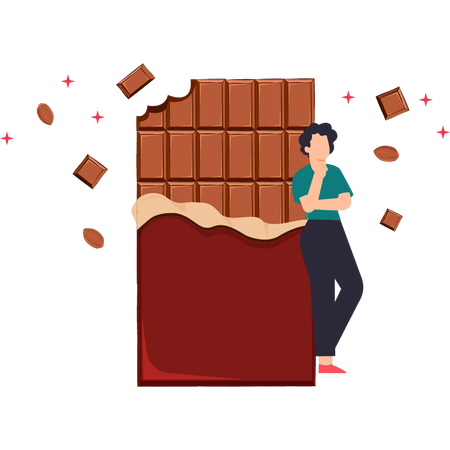 El niño está comiendo barra de chocolate.  Ilustración