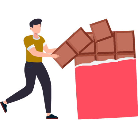 El niño está comiendo barra de chocolate.  Ilustración