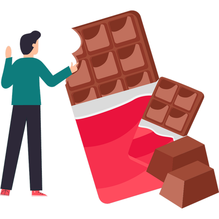 El niño está comiendo barra de chocolate.  Ilustración