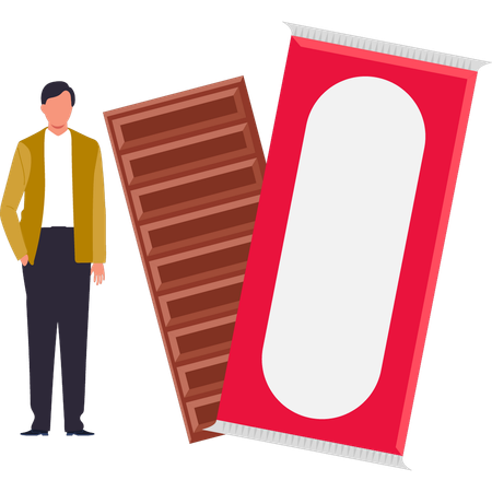El niño está comiendo barra de chocolate.  Ilustración