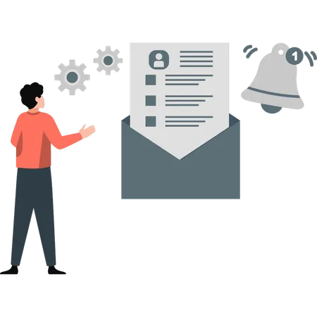 El niño está configurando una notificación por correo electrónico.  Ilustración