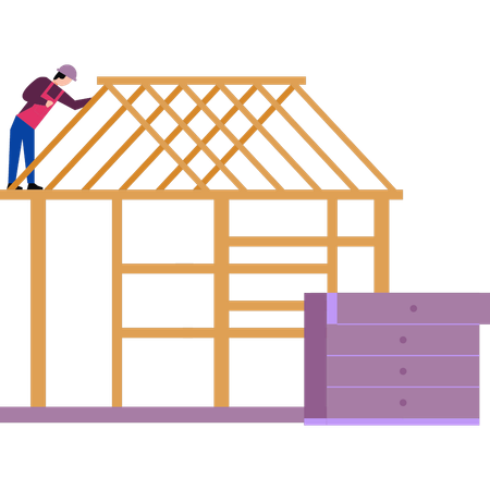 El niño está construyendo una casa de madera.  Ilustración