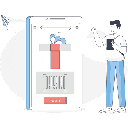 El niño está escaneando el código QR del regalo  Ilustración