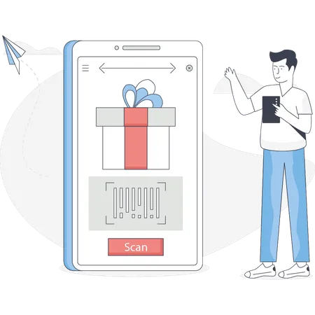 El niño está escaneando el código QR del regalo  Ilustración