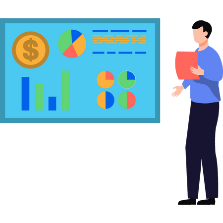 El niño está mirando el gráfico del dólar.  Ilustración