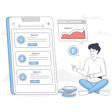 El niño está buscando una aplicación de criptomonedas  Ilustración