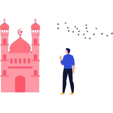 El niño está mirando la mezquita.  Ilustración
