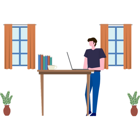 El niño está parado al lado de la mesa del portátil  Ilustración