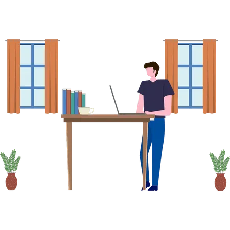 El niño está parado al lado de la mesa del portátil  Ilustración