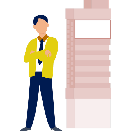 El niño está parado cerca de un edificio inmobiliario.  Ilustración