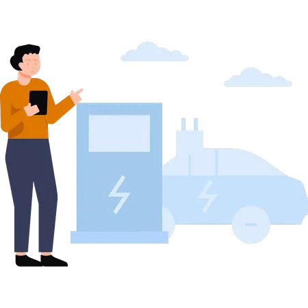 El niño está parado en la gasolinera.  Ilustración