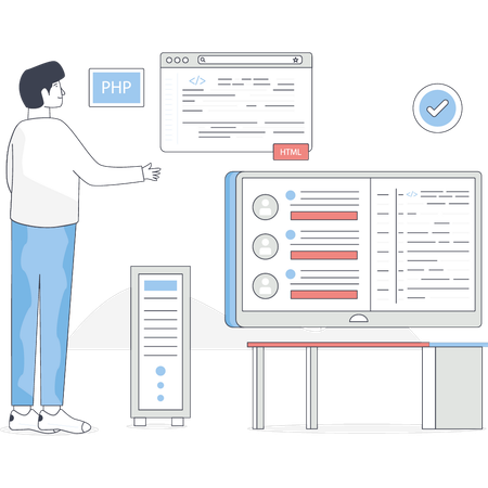 El niño está realizando el proceso de codificación del desarrollo de software.  Ilustración