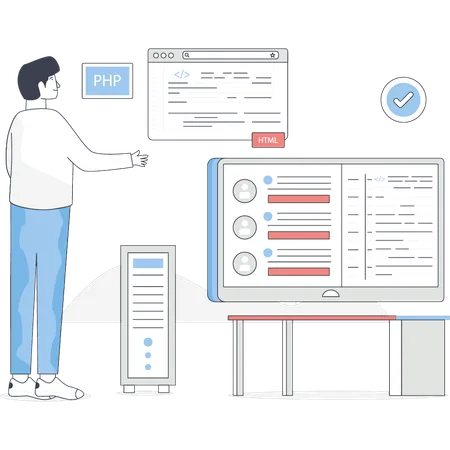 El niño está realizando el proceso de codificación del desarrollo de software.  Ilustración