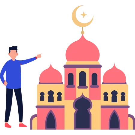 El niño señala la mezquita sagrada.  Ilustración