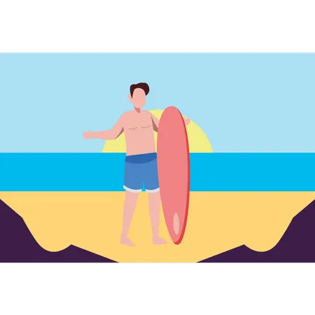 El chico está surfeando en la playa.  Ilustración