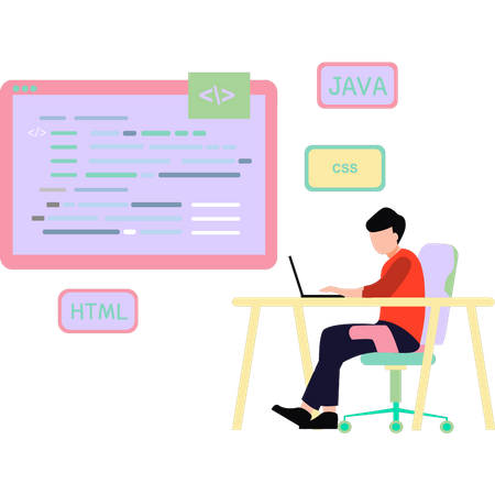 El niño está trabajando en codificación Java.  Ilustración