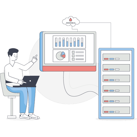 El niño está trabajando en el estudio de datos.  Ilustración