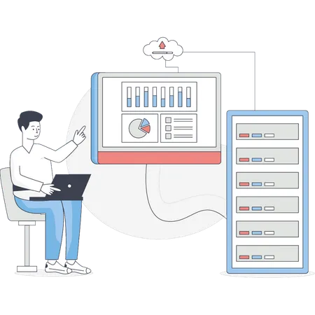 El niño está trabajando en el estudio de datos.  Ilustración