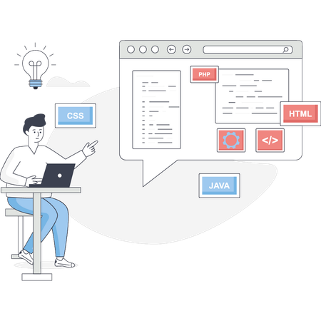 El niño está trabajando en la codificación Java.  Ilustración