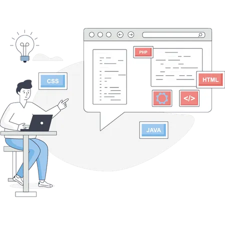 El niño está trabajando en la codificación Java.  Ilustración