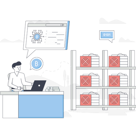 El niño está trabajando en la minería de criptomonedas  Illustration