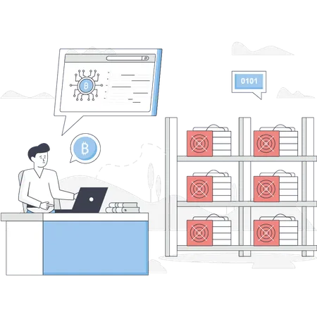 El niño está trabajando en la minería de criptomonedas  Illustration