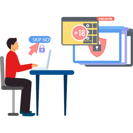 El niño está trabajando en una computadora portátil.  Ilustración