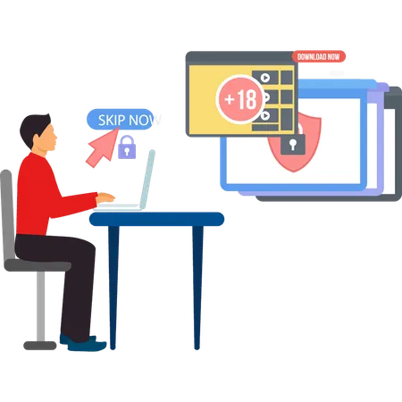 El niño está trabajando en una computadora portátil.  Ilustración