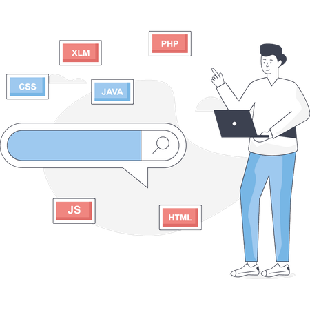 El niño está trabajando en la programación del sitio web.  Ilustración