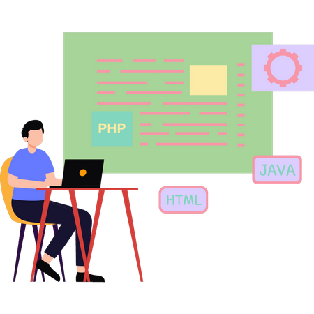 El niño está trabajando en programación de software.  Ilustración