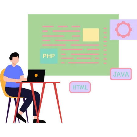 El niño está trabajando en programación de software.  Ilustración