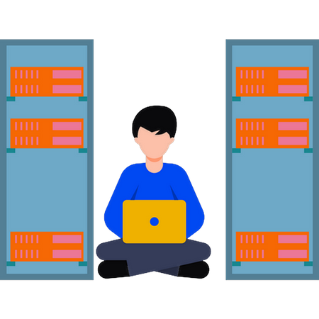 El niño está trabajando en su computadora portátil.  Ilustración