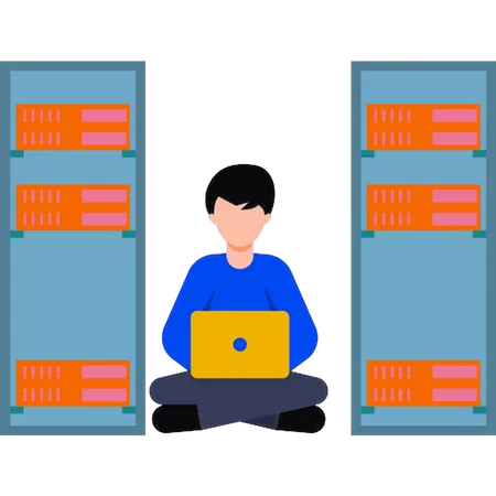 El niño está trabajando en su computadora portátil.  Ilustración