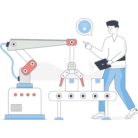 El niño está trabajando en una máquina de automatización de almacén.  Illustration